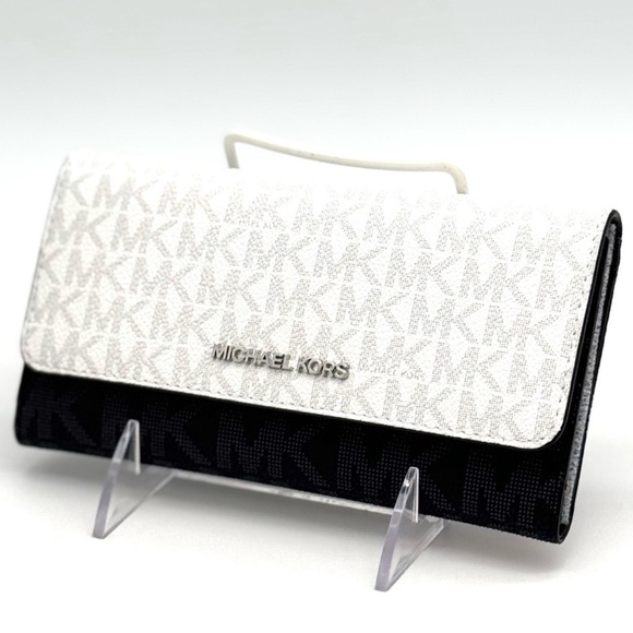 Michael Kors Jet Set Large Signature Logo TriFold Wallet Optic White Multi - Picture 1 of 10